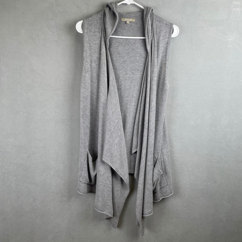 Joan Vass Studio Gray Cashmere Sleeveless Cardigan Open Draped Vest Hood Cozy S